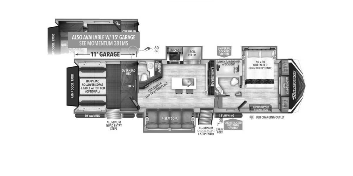 2022 Grand Design Momentum M-Class Toy Hauler 351MS Fifth Wheel at Greeneway RV Sales & Service STOCK# 10390 Floor plan Layout Photo